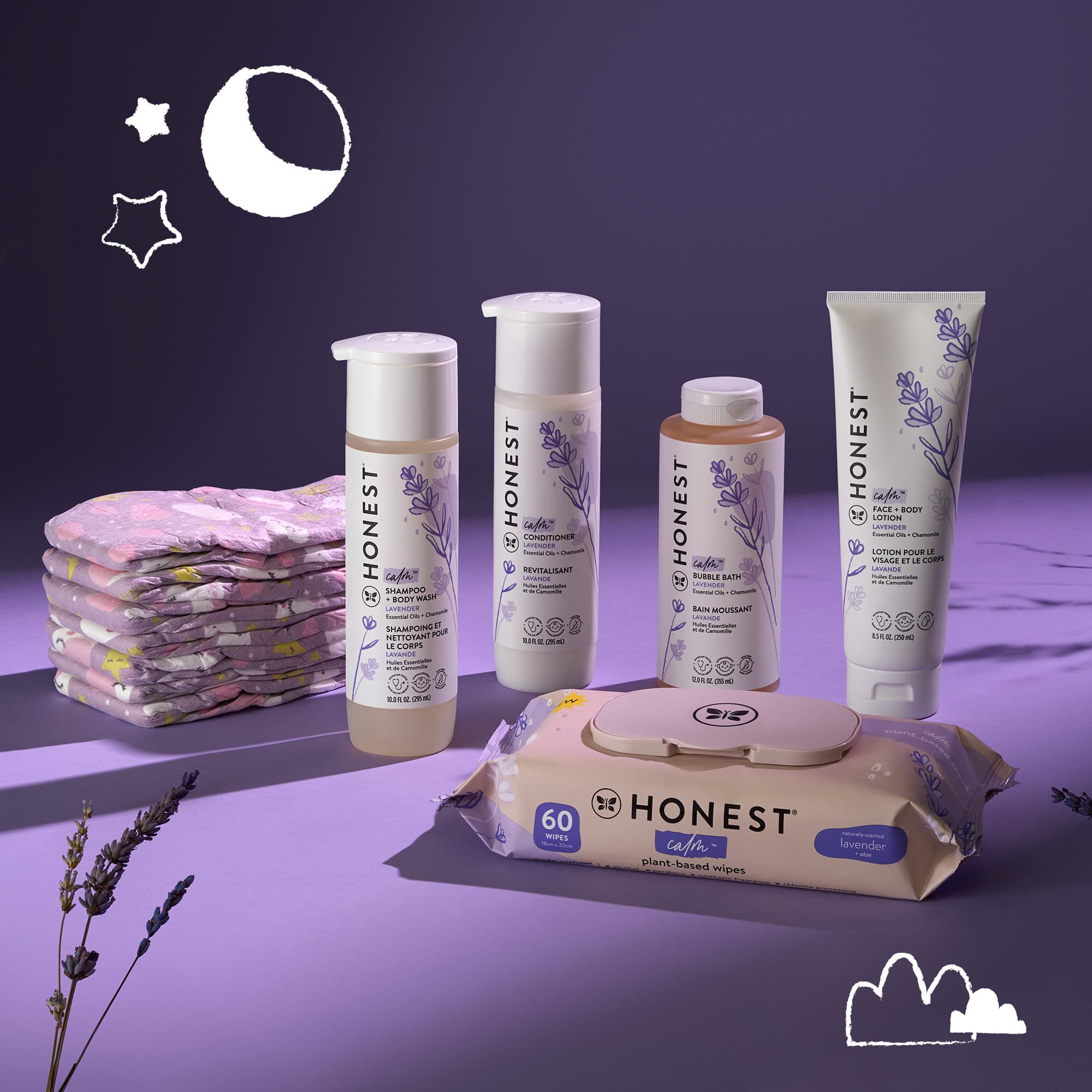 Calm Personal Care Collection, overnight diapers, and lavender wipes